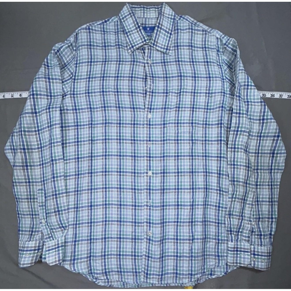 Toscano Shirt Mens L Blue Plaid Linen Long Sleeve Button Up Casual Woven